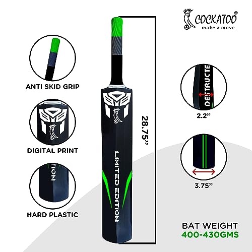 Image of Cockatoo Destructor Complete Cricket Set l Cricket Bat (28.75'' x 3.75'') with 3 Stumps Wicket Set and 1 Ball l Heavy Duty Plastic Power Series l (Black-Florescent Green) l for Ages 8 and Above