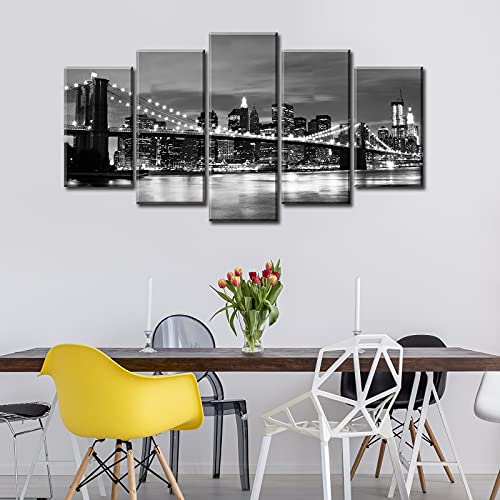 Canvas Wall Art Bedroom Decor Black And White New York City Picture Print Modern Brooklyn Bridge Landscape Painting Artwork Decorations For Living Room Home Office, 40" W X 22" H, 5 Pieces #TOP3
