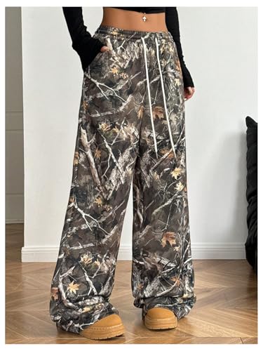 GORGLITTER Women's Camo Baggy Pants Camouflage Wide Leg Drawstring Waist Trousers with Pockets3