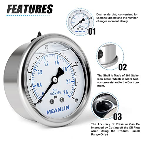 Image of MEANLIN MEASURE 0~40Psi Stainless Steel 1 /4 inch NPT 2.5 inch FACE DIAL Liquid Filled Pressure Gauge WOG Water Oil Air, Cencter Back Mount, with 1 /2 inch NPT and 3 /8 inch NPT Hex Bushing