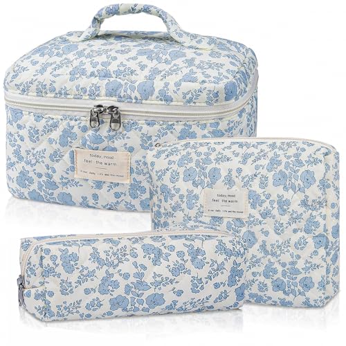 Floral Makeup Bag for Women, 3 Pcs Quilted Cosmetic Bag, Cute Flower Makeup Bags Set, Coquette Cotton Make Up Bag, Large Cosmetic Pouch, Aesthetic Travel Toiletry Organizer Bag