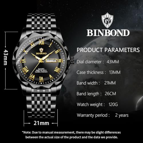 Image of BINBOND Men's Watch Luxury Business Dress Analog Quartz Stainless Steel Casual Date Wrist Watches for Men Easy Read Roman Numeral Large Dial Waterproof Luminous
