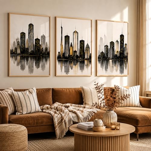 Image of TheMakerly Set of 3 Modern City Skyline Wall Art Paintings for Living Room | Luxury Urban Cityscape Wall Decor | Framed Wall Paintings for Bedroom, Office, Hall & Home Decoration (13x19 Inches)