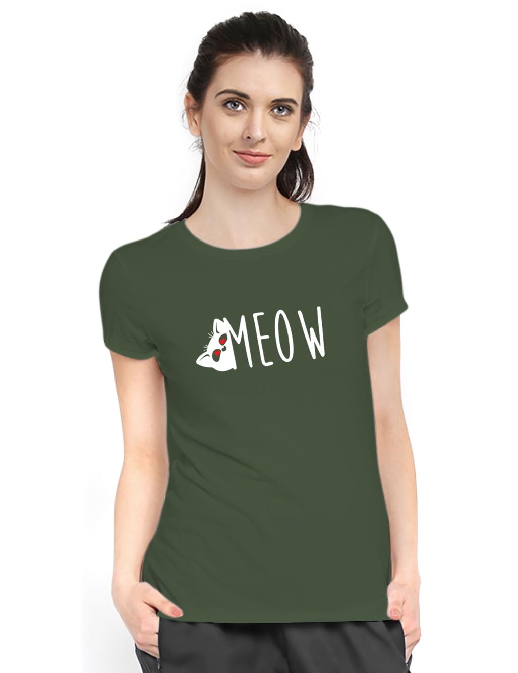 Blingmore Women's Cotton Blend Round-Neck Half Sleeves Regular Fit Graphics Solid T-Shirt Meow Print