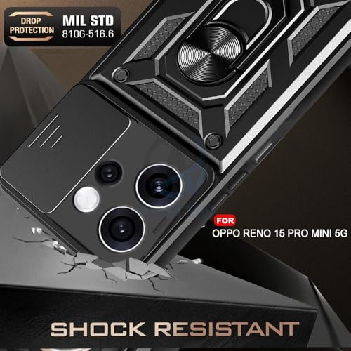 Image of AESTMO Tough Armor Oppo Reno 15 Pro Mini 5G Bumper Back Case Cover | Ring Holder & Sliding Camera Shield Cover | 360 Degree Protection Back Case Cover for Oppo Reno 15 Pro Mini 5G (Black)