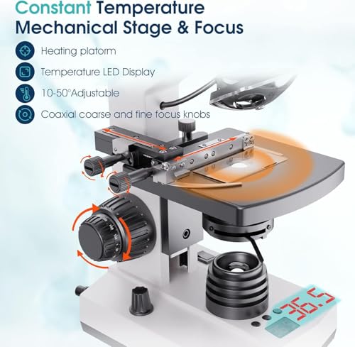 Image of Lab Compound Trinocular Microscope with Thermostat Mechanical Stage, Dual-View Microscope for Adults with 40X-2500X Magnification, Premium Achromatic Objective, 7'' LCD Screen, Built-in 5MP Camera
