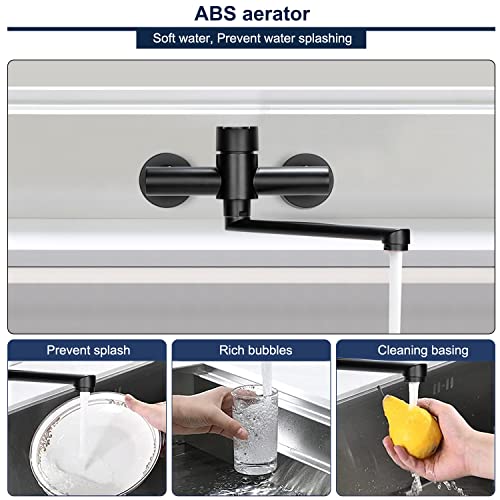 Wasserhahn Wandmontage, 360° Drehbare Edelstahl Wasserhahn Küche Wandarmatur, Kalt und Heiß Einhebelmischer Küchenarmatur Wandmontage, Schwenkarm 23cm, Schwarz
