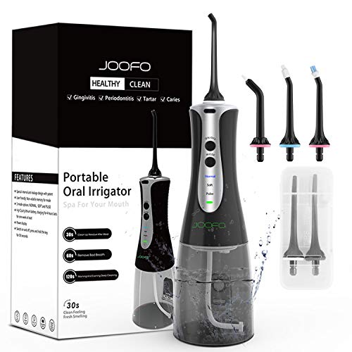 Water Flosser,JOOFO Cordless Water Flosser Teeth Cleaner for Anti Leakage,3 Modes and 5 Jet Tips,300ML Portable&Rechargeable IPX7 Waterproof Oral Irrigator for Home,Travel,Office (Black)