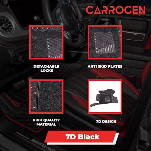 Image of 7D Car Floor Mats || Faux Leather || Waterproof & Washable || Grass Attached || Complete Set Compatible with Tata Harrier - All Models (Black & Red)
