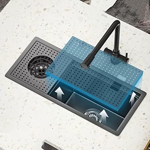 Kitchen Sink Hidden Cup Washer Sink 304 Stainless Steel Vegetable Sink Island Bar Invisible Sink Vegetable Sink with Cover (Dark Grey 60 * 26 * 22cm)