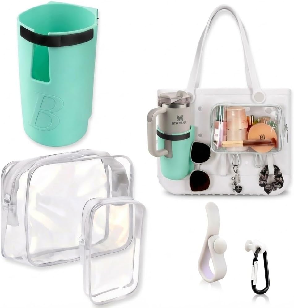 5-Piece Bogg Bag Accessories Set Compatible with Original, Baby & Simply Southern Totes - Includes Clear Insert Pouches, Silicone Cup Holder (Fits 40oz Tumblers) & Hooks (Pink)