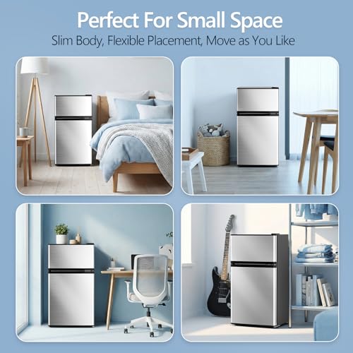 Image of Electactic 2.5 Cu.Ft Mini Fridge with Freezer, Double-Door Compact Refrigerator, Adjustable Glass Shelves, Mechanical Thermostat & Leveling Feet, Space-Saving for Apartment /Dorm /Office, Silver