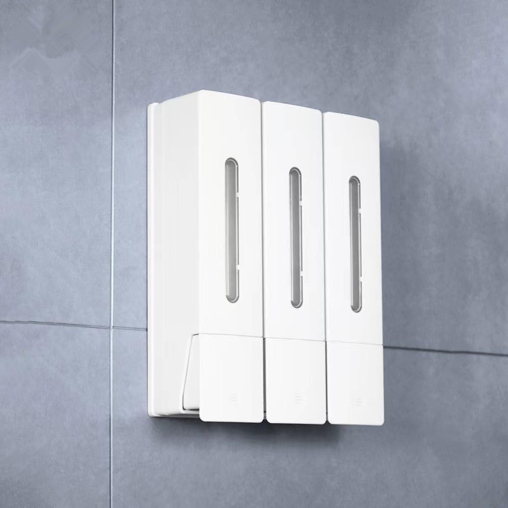 Dispenser di sapone a pressione con tre scomparti, capacità 400 ml, montaggio a parete per bagno, doccia, lavaggio dei capelli, con spazio separato per liquidi (grigio)