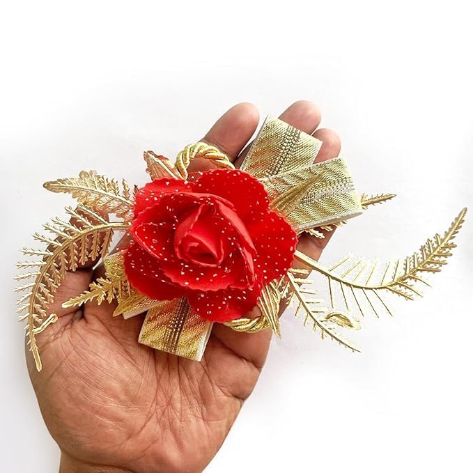 CRAFT SHOP INDIA Artificial Foam Rose Flower Bunch for Trousseau Packing, Ready to use Flower Brooch Hamper for Decoration, Gift Wrapping Flowers (12, Red) 2