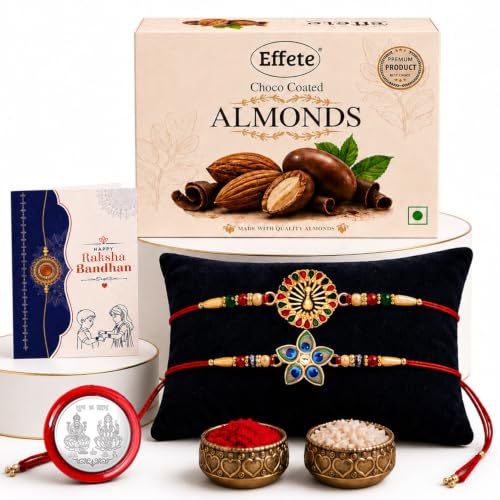 Image of DeoDap Rakhi with Chocolate for Brother - Peacock & Floral Design Rakhi 2 Pc with Almond Chocolate 32 Gm, Greeting Card, Silver Color Coin & Tilak Set - Traditional Raksha Bandhan Combo Pack