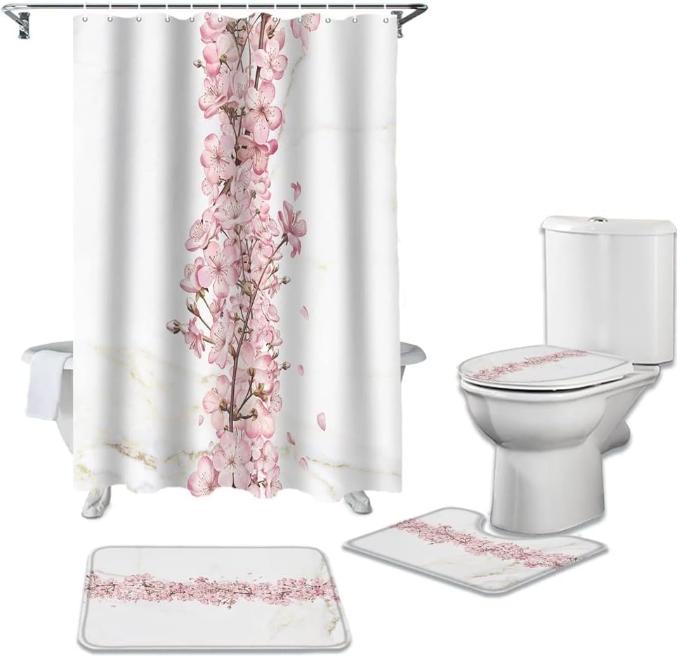 Marble Texture Bathroom Shower Curtain Bath Rug Set Toilet Lid Cover Floor Mats Bathroom Accessories