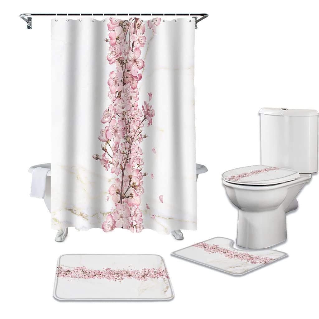 MOBYGKFY Marble Texture Bathroom Shower Curtain Bath Rug Set Toilet Lid Cover Floor Mats Accessories