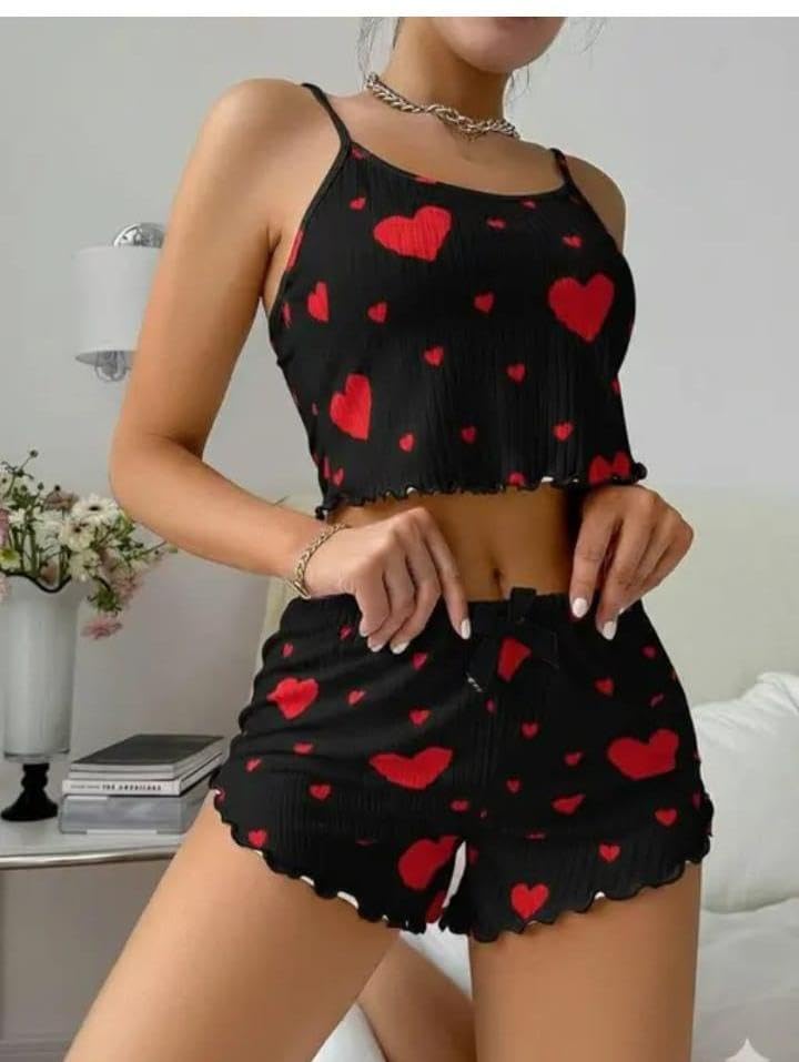 Image of SGC SWEDEN Women's Babydoll Lingerie Set with Boyshorts Panty, Cotton Blend, Multi-Colour, Free Size, 30-36 Inches, Adjustable Straps