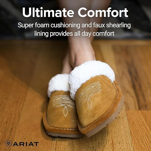 Image of ARIAT Women's Jackie Square Toe Warm Soft Genuine Suede Leather Indoor Outdoor Slippers with Plush Collar
