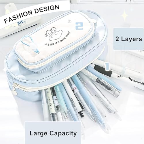Image of Canvas School Bag Pencil Case, 3 Layer 6 Compartment Large Capacity, Aesthetic Pencil Pouch for Stationary, Cute Stationery for Kids, Pencil Case for Girls & Boys (Sweet Black)
