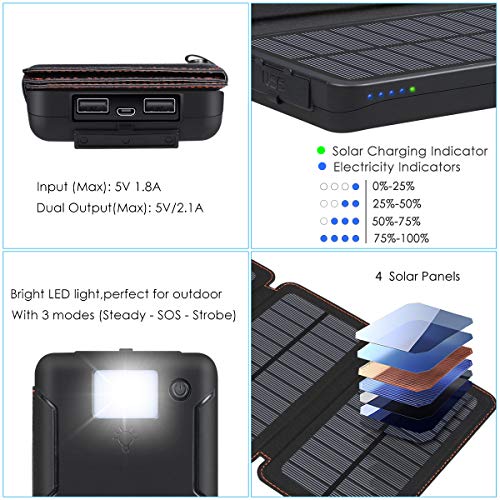 SOARAISE Solar Charger 25000mAh Power Bank with 4 Solar Panels Waterproof Portable Phone Charger Battery Pack with 2 USB Outputs for iPhone, iPad, Samsung and Outdoor Camping - Thumbnail 4