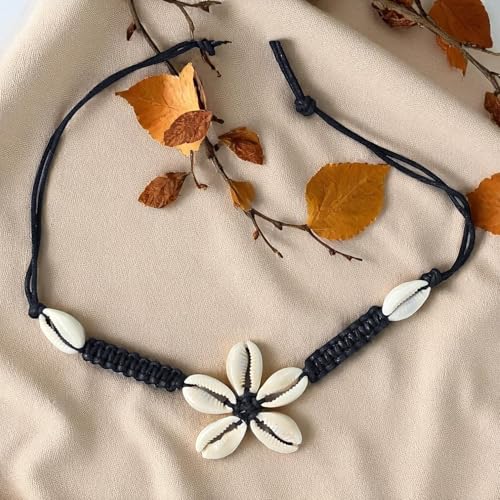 BlueRica Braided Black Cord Choker Necklace with Cowrie Shell Flower Pendant4
