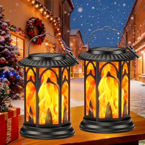 BUCASA Solarlampen für Außen Hängend, 2 Stück Vintage Solar Laternen für Draußen Fackeln, Solarleuchten für Außen mit Realistischen Flammeneffekt, Weihnachtslaterne Balkon Tisch Garten Halloween Deko