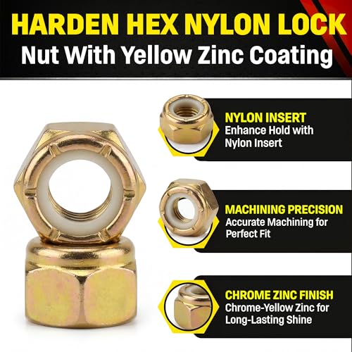 Image of Chenango Supply 5 /8-11 Grade 8 Nylon Insert Lock Nuts | Alloy Steel Nylock Nuts, Yellow Zinc Chromate Finish, USS Coarse Thread Heavy Duty Fasteners (10 Pieces)