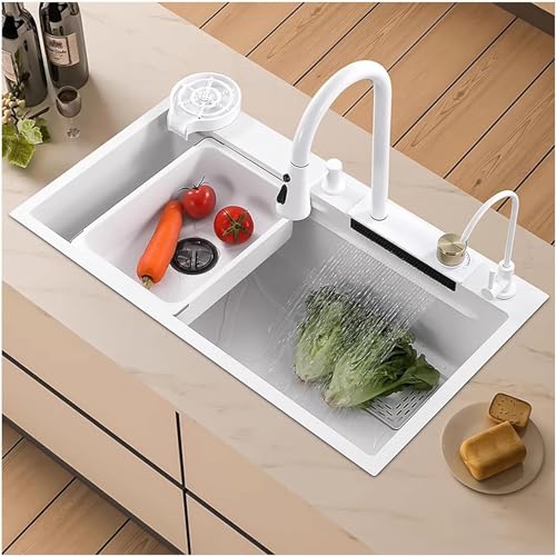 Image of Fossa 30 inchx18 inchx09 inch 5-Year Warranty Single Bowl Waterfall Smart Kitchen Sink Honeycomb Embossed Sink with Black Nano Coating, Pure Stainless Steel, Faucet with Included All Accessories. (White)
