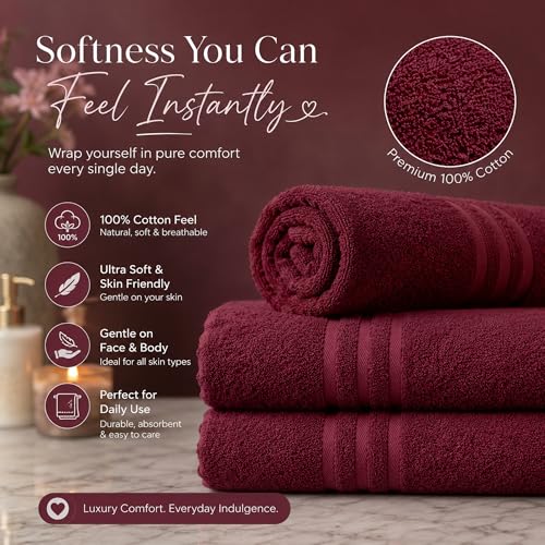 Image of Divine Casa 100% Cotton Bath Towel Set of 2, 550 GSM Ultra Soft Highly Absorbent Thick Towels, Large 75 x 150 cm, Maroon & Green Combo