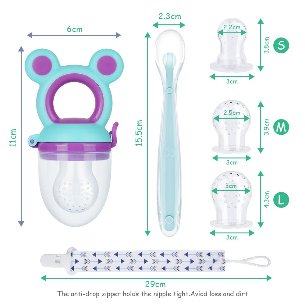 Vicloon Ciuccio Frutta Neonati, 2 Alimentatore per Frutta + 6 Ciuccio in Silicone S/M/L, Ciuccio per Frutta Neonati Alimenti Senza BPA con Cucchiaio in Silicone e Catena per Ciuccio (Rosa e Ciano)