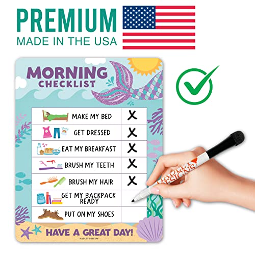 Image of Magnetic Morning & Bedtime Routine Chart for Kids - Customizable Toddler Daily Schedule Board with Dry Erase Surface, Stickers & Marker, Build Habits with Visual Checklists, Mermaid Theme