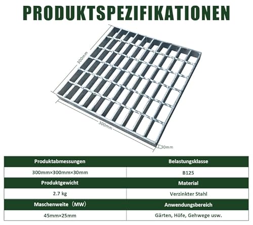 Natotela Gitterrost Verzinkt 300x300x30 mm MW: 25/45 mm Tragstab 30/3 mm Schwerlast B125 Metallgitter Trittrost Stahlgitterrost Schacht Abdeckgitter Garten Garage Gehweg Feuerverzinkt Quadratisch