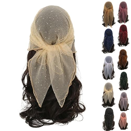 Women's Glitter Decor Head Scarf 31.5” Rhinestone Sparkle Sequin Square Hair Wrap Scarves Summer Fashion Mesh Bandana (Beige,80 * 80cm)