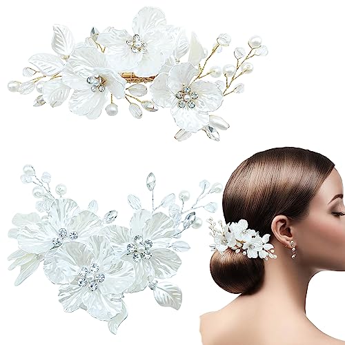 Pince à cheveux de mariée en strass avec coquillage et fleur en cristal (Lot de 2) pour femme