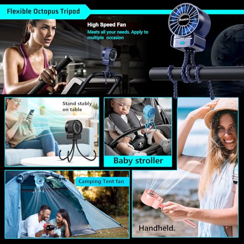 Image of 2 Pack Multifunctional Portable Stroller Fan 4 Speed 6600rpm High Speed Usb Rechargeable Personal Mini Handheld Fan Extended Tripod For Desktop Winding Kids Bed Treadmill Bike Golf Cart Outdoor Travel