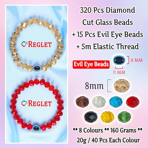 Image of 15 Pcs Evil Eye Beads + 320 Pcs Diamond Cut Glass Beads for Jewellery Making Kit - Glass Beads for Bracelet Making Kit - Bead Craft - 8 mm