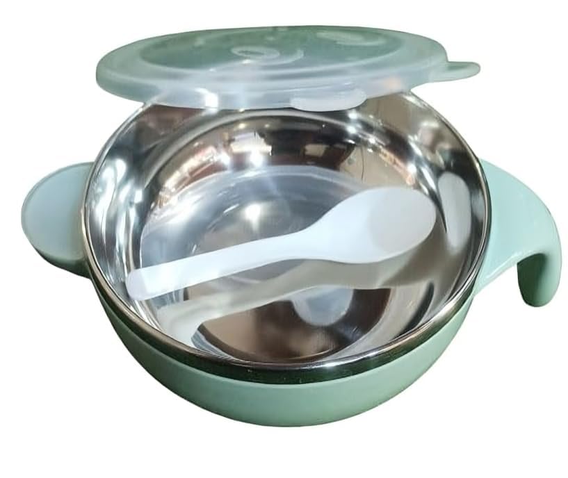 Baby Bowl and Spoon Set | Stainless Steel Feeding Bowl | BPA Free Multicolor Bowl for Babies, Toddlers & Children | Suitable for Rice, Porridge, Soup & Snacks | Pack of 1-image-0