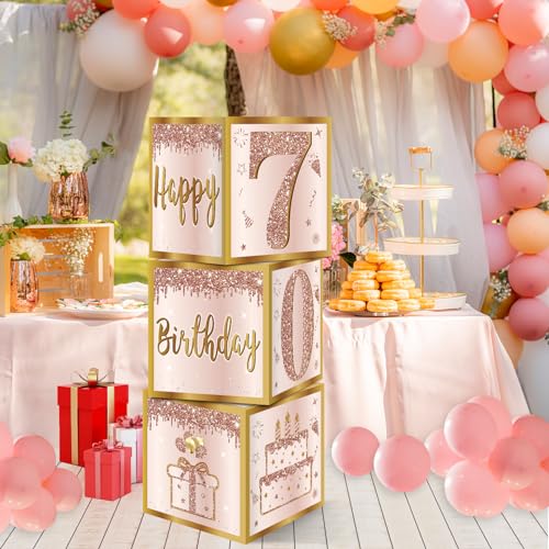 Image of Guiruiy 3Pcs 70th Birthday Decorations Boxes for Women, Pink Rose Gold 70th Birthday Balloons Boxes Party Supplies, Pink Seventy Year Old Bday Theme Cardboard Box Decor