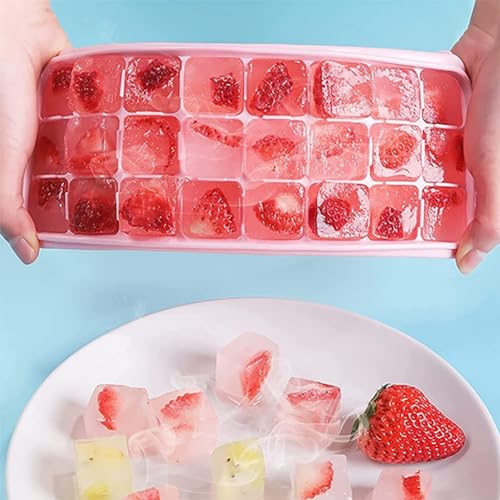 Image of Silicone Ice Cube Trays with Lid Cover, 24 Cavities Flexible Moulds for Freezer, Stackable, Multicolor, 1 Piece (Pink)