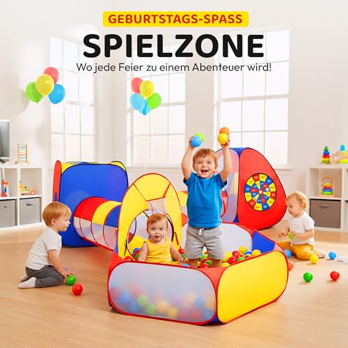 all Kids United® Spielzelt mit Tunnel, Bällebad, Krabbel-Tunnel & mehr (ohne Bälle) XXL Spielland 5-teiliges Pop-Up Spiel-Haus mit Tasche