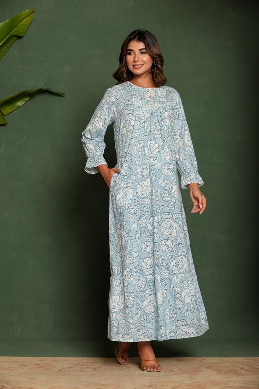 Image of NIHSAMAH Cotton Night Gown for Women, Printed Long Cotton Nighty with Pockets, Comfortable & Fancy Sleepwear /Nightwear /Maxi