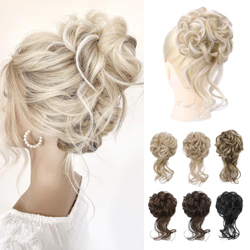 REECHO Messy Bun Hair Piece Tousled Updo Elastic Hair Bun Hairpiece for Women Synthetic Donut Accessories Scrunchies - Light Ash Blonde with Highlights