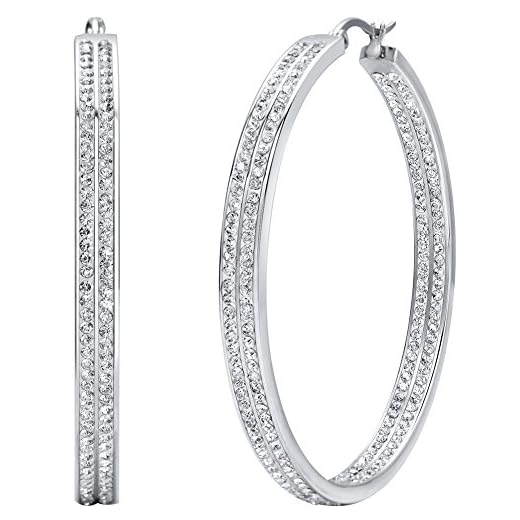 Women's Stainless Steel Large Hoop Earrings Rhinestone Gold Tone Pierced