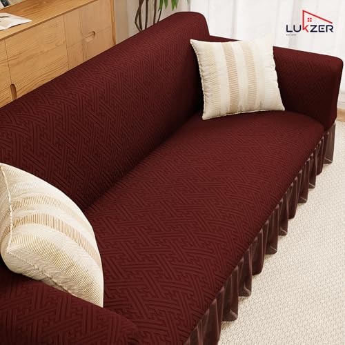 Image of Lukzer 1 Seater Jacquard Sofa Cover with 360 Frill Skirt - Pastel Deep Maroon Grid Maze | 240 GSM Stretchable Anti-Slip Fully Covered Universal Couch Cover for Living Room (90-140CM /SC-109-01F)