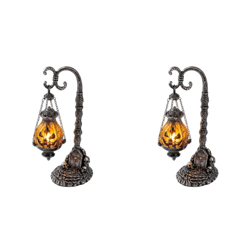 Decorazione gotica di Halloween con teschio intagliato zucca lanterna stand | La calda luce notturna arancione a forma di zucca crea un'atmosfera infestata per feste, stanze gotiche e esposizioni
