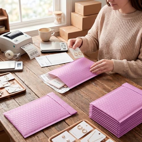 Image of Fuxury Bubble Mailers 4x8 inch Padded Envelopes 200 Pack Pinkish Purple Usable Size 4x7 inch Padded Mailers Small Bubble Envelopes Self Seal Shipping Bags for Mailing Jewelry Makeup Small Business #000