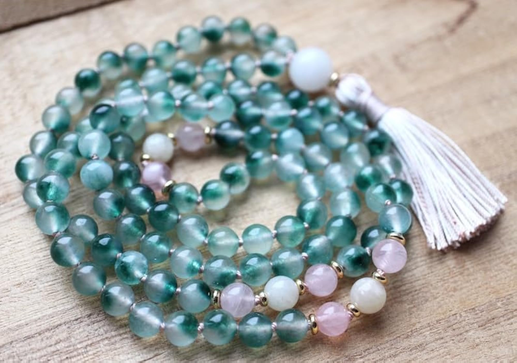 Natural Flower Jade & Rose Quartz 6MM Beaded Handmade Prayer Mala Necklace