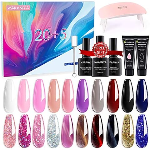 WAKANIYA Gel Nail Polish Kit with U V Light - 20 Colors Gel Polish Nude Glitter Cat Eye With No Wipe Base and Top Coat u v Lamp for Nail Art Design Salon and Starter's DIY Cosplay Cover