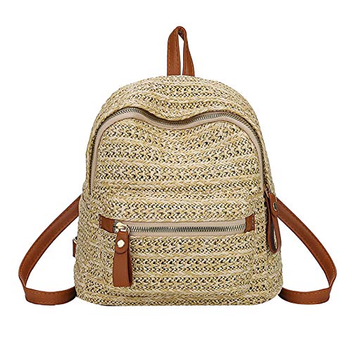 Meyaus Mochila feminina pequena de tecido de palha conversível bolsa de ombro transversal, Caqui, One Size